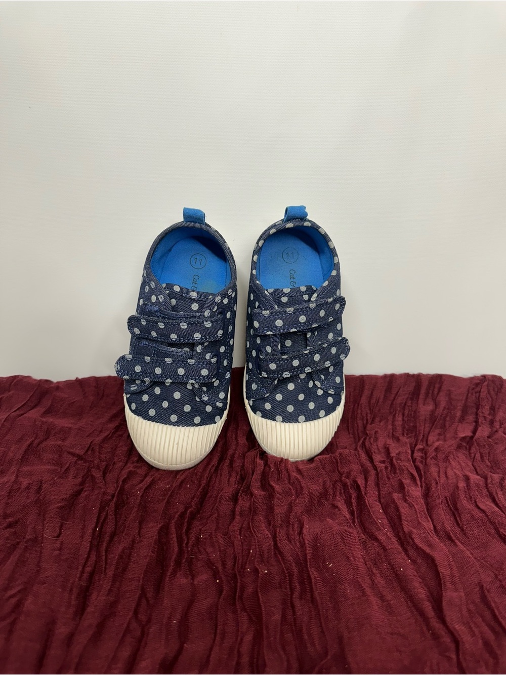 Cat & Jack Girls Size 11 Navy Polka Dot Sneakers Double Strap Casual Shoes